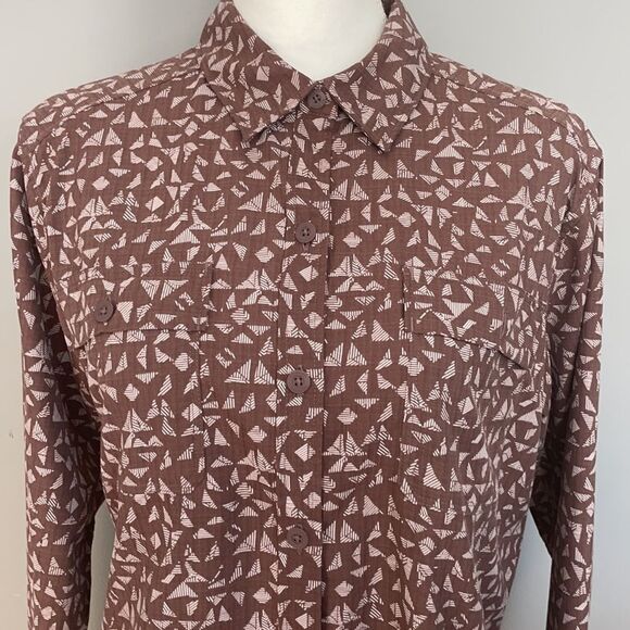 REI Long Sleeve Button Down Brown Shirt With Geometric Pattern. Size Large. - Picture 2 of 12